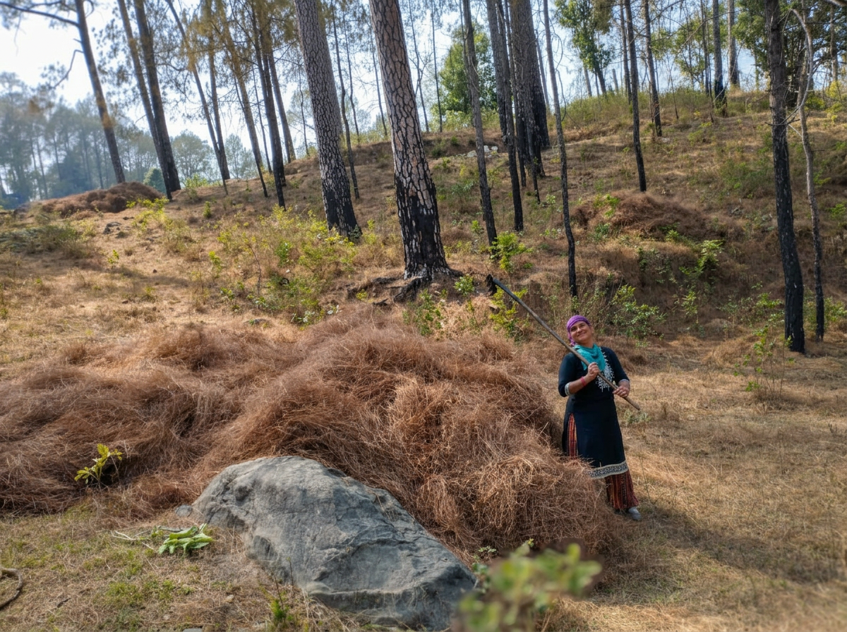 A pine needle collector with her rake beside gathered biomass in a Himalayan pine forest