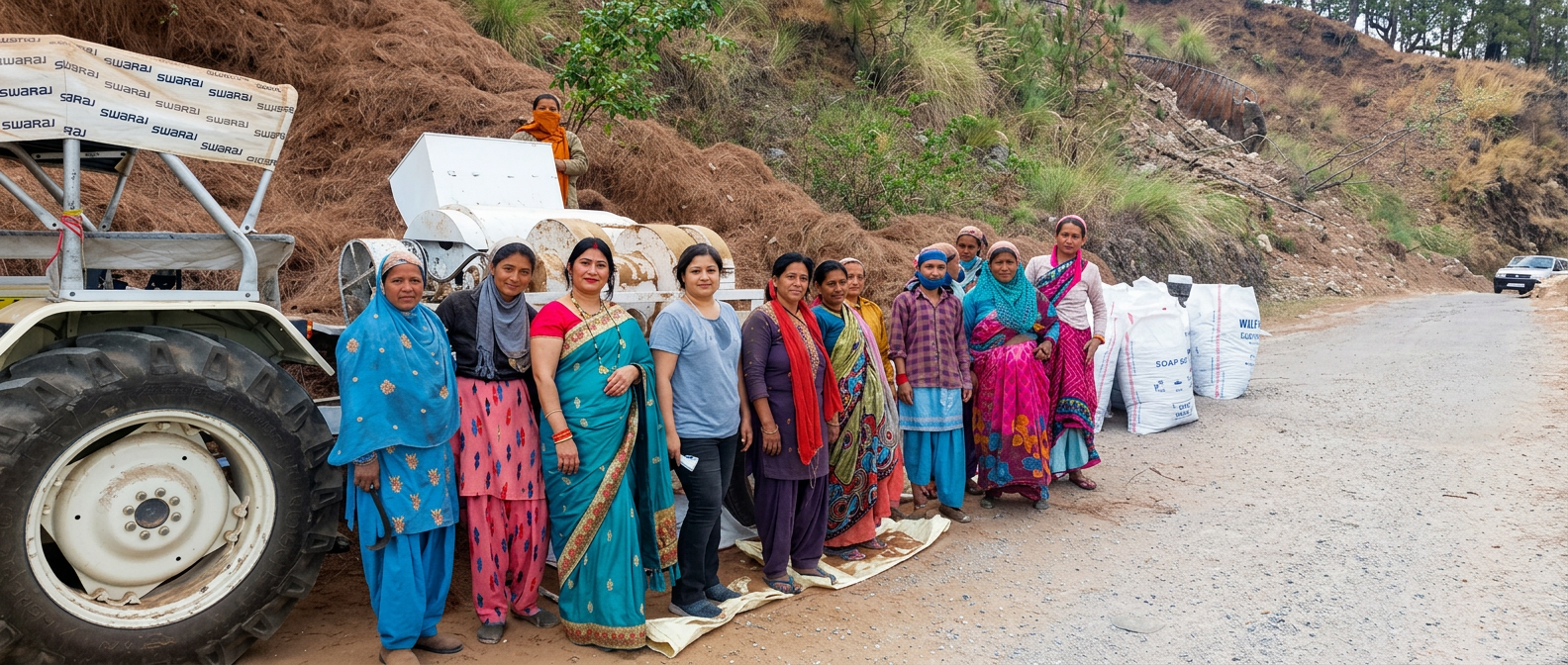 Local women together beside pine needle processing equipment and filled sacks